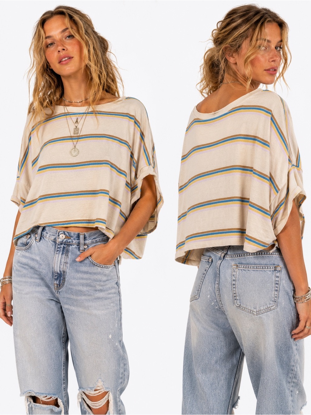 Lucky Brand Striped Oversized Boxy Tee Top Large Coastal Beachy‎ 100% Cotton